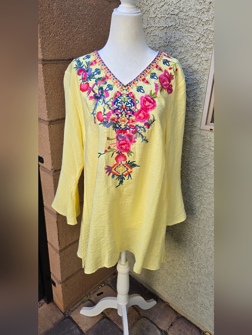 Calessa Yellow Embroidered V-Neck Women's Top